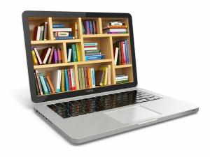 Laptop screen showing bookshelves and books