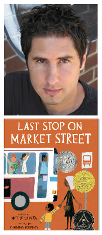 Picture of author Matt de la Peña and the cover of his children's book "Last Stop on Market Street"