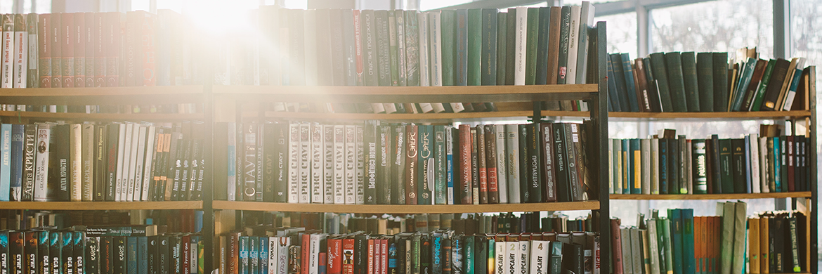 Interlibrary Loan header image showing sunlight coming through the bookshelves in the library