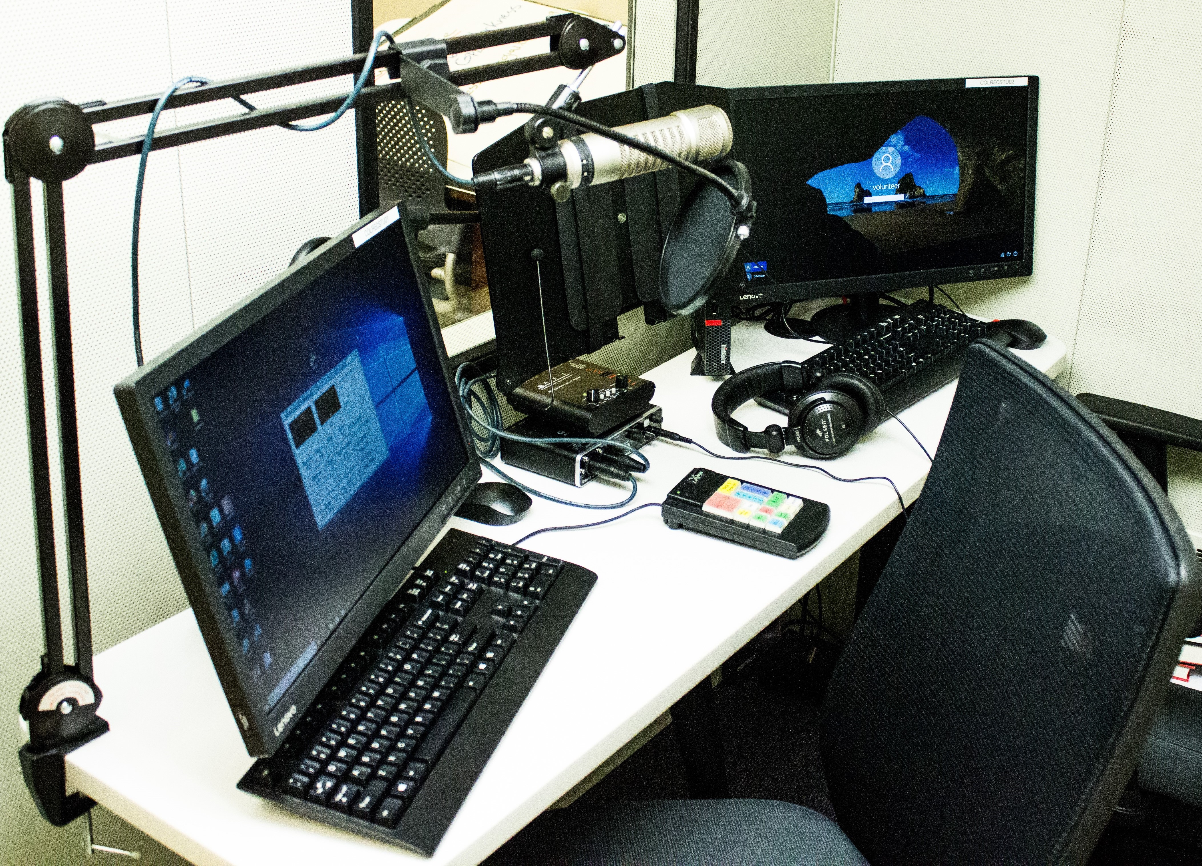 Recording Studio showing the desk with two desktop computers and recording equipment