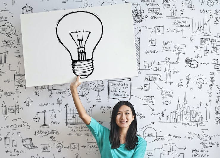 Woman holding lightbulb poster