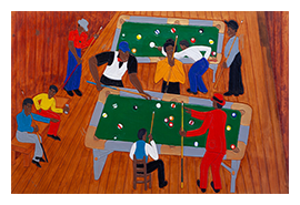 Painting on leather of "Jeff's Pool Room" by artist Winfred Rembert