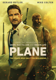 two men with burning plan in background