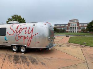 Story Corps Camper in front of library