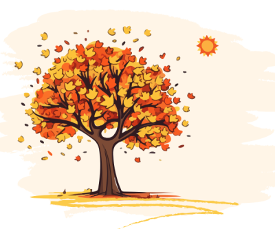 A cozy illustration of an autumn tree with bright orange and yellow leaves.