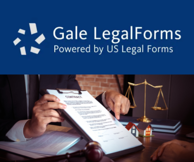 A graphic split into two sections, the top is dark blue text reading "Gale LegalForms powered by US Legal Forms". The bottom is an image of a man in a suit pointing at a legal contract, a scale sits in the back.