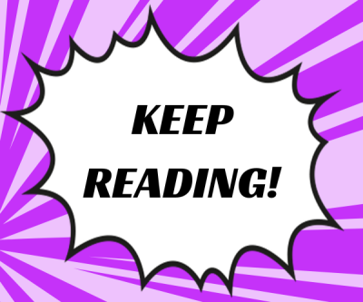Blocky text in a jagged speech bubble reads "keep reading!" against a striped purple background.