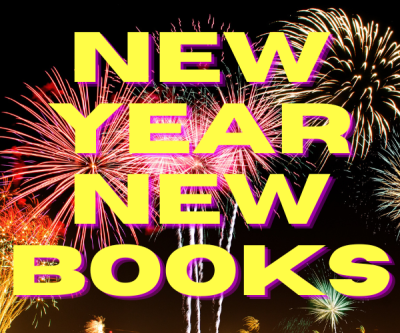 Bright yellow text reading "new year new books" on a background showcasing a fireworks display.