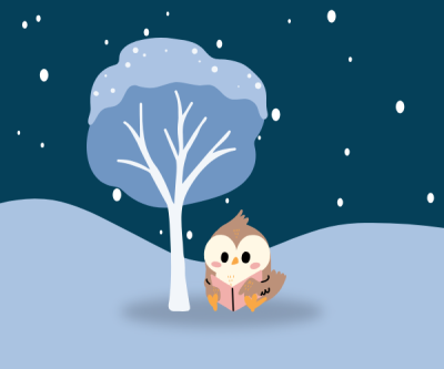 An adorable illustration of a brown bird reading a book underneath a blue tree. The sky is dark blue, the ground is light blue, and snow falls down gently.