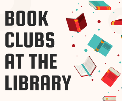 A graphic design with text reading "Book Clubs at the Library" in black text on the left side, a cascade of books falls on the right.