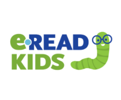 A vibrant graphic featuring the words "eRead Kids" alongside a cheerful green caterpillar sporting blue glasses.