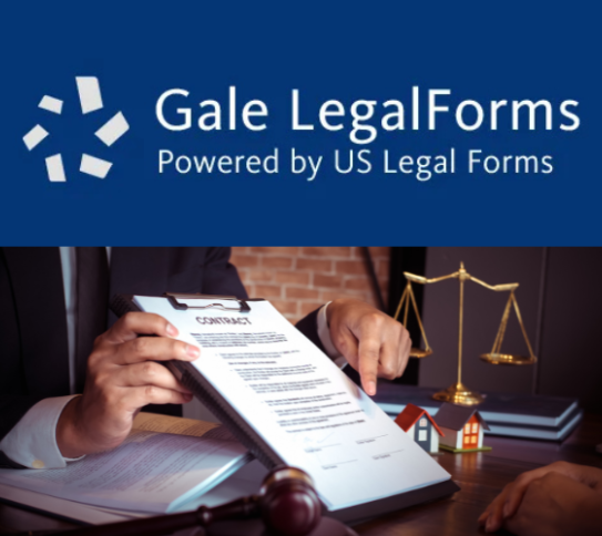 A graphic split into two sections, the top is dark blue text reading "Gale LegalForms powered by US Legal Forms". The bottom is an image of a man in a suit pointing at a legal contract, a scale sits in the back.