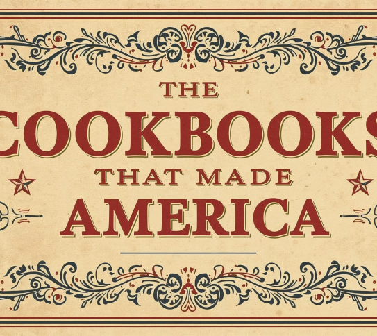 Old fashioned logo with the exhibit title "The Cookbooks That Made America"