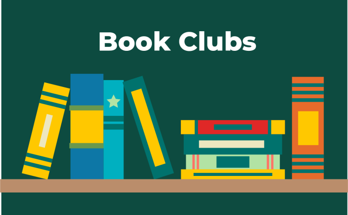 Book Clubs. Multicolored books on a bookshelf. 